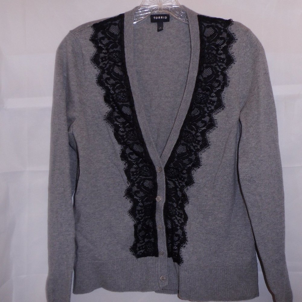 Knit Button-Up V-Neck Cardigan W/Black Lace Trim